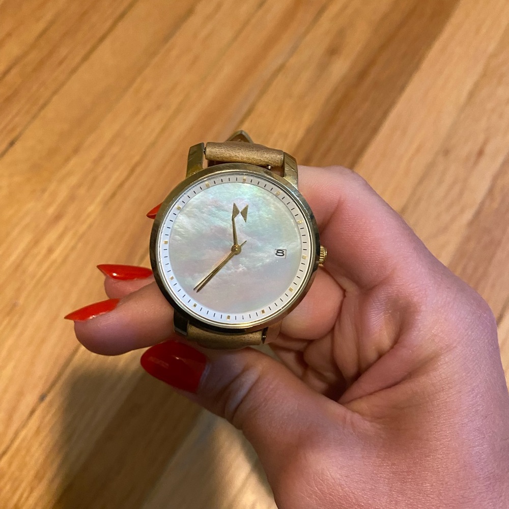 MVMT watch - Pearl head tan leather band with gold hardware